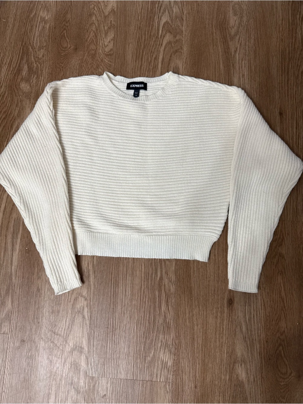 Express Cream Ribbed Cropped Crewneck Sweater
